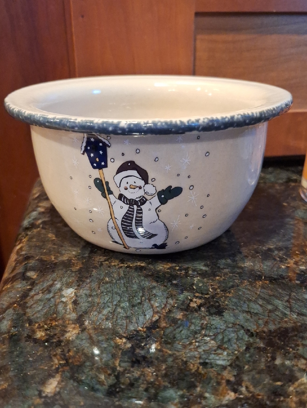 Vintage Home & Garden Party Snowman Ceramic Bowl with Blue Rim